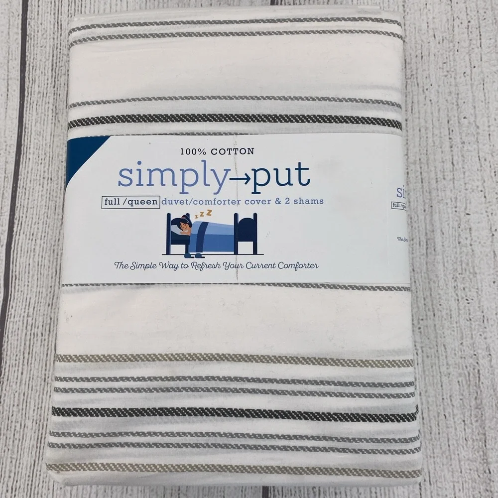 Simply Put Duvet Set FULL/QUEEN White Gray Ticking Stripe 100% Cotton Crisp